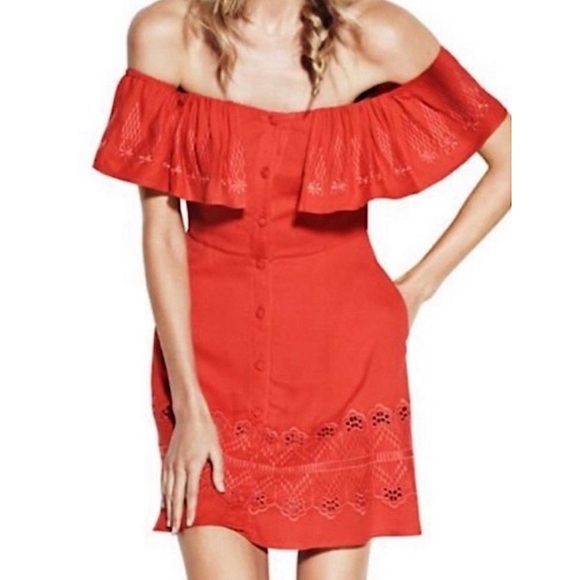 Sugarlips Off The Shoulder Embroidered Floral Ruffle Mini Dress, Red - Size S - Picture 1 of 9